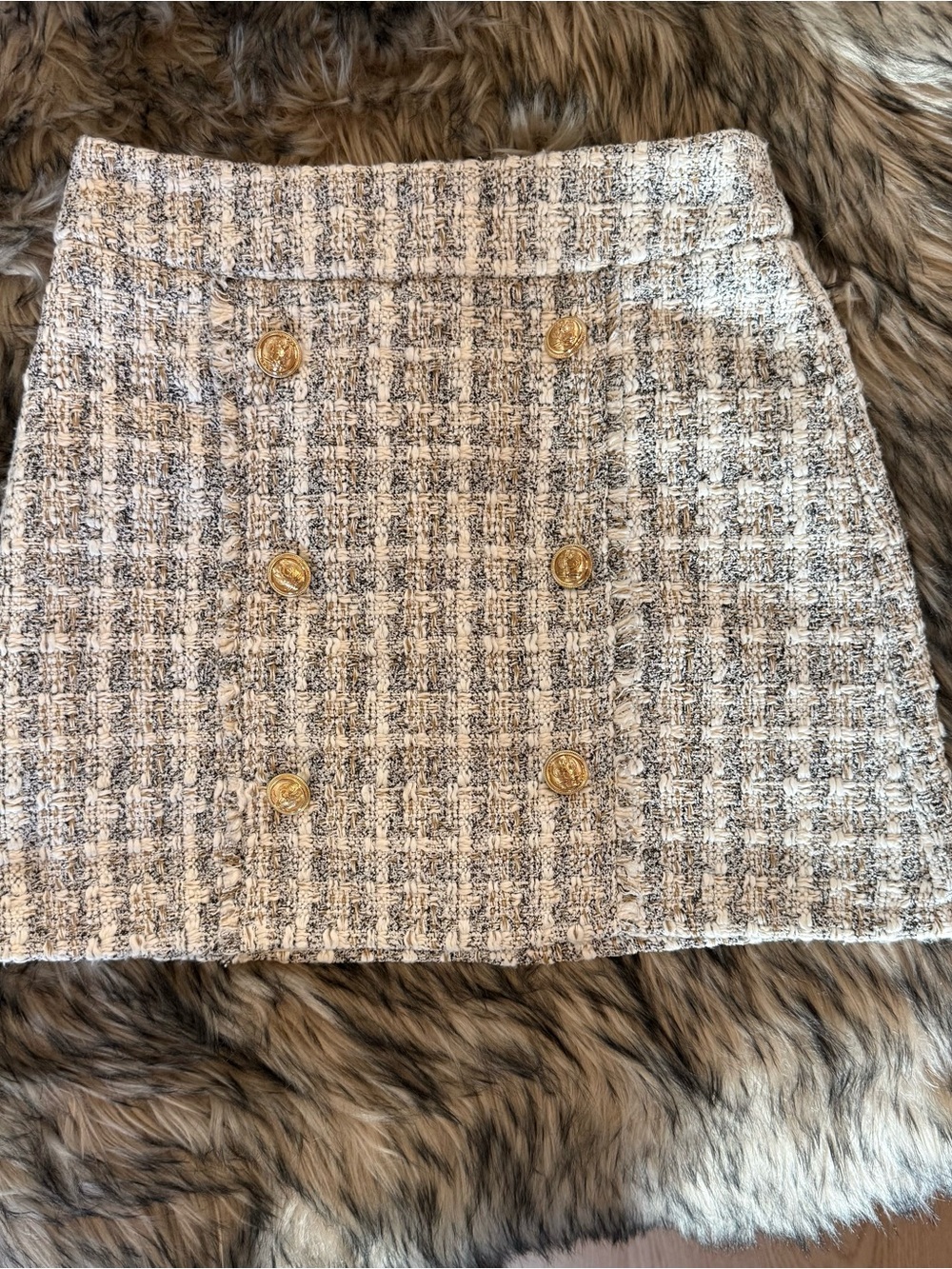 Textured Cream and Black Tweed Mini Skirt with Gold Buttons